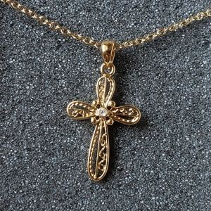 Dainty Gold Cross with Solitaire Crystal